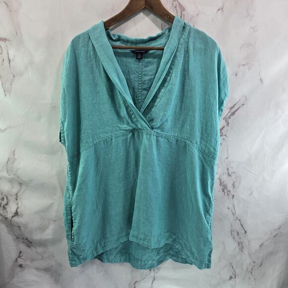 Lands' End Tops - Lands End Shirt Womens Large P Blue Linen Short Sleeve Boxy Pockets Cuffed V